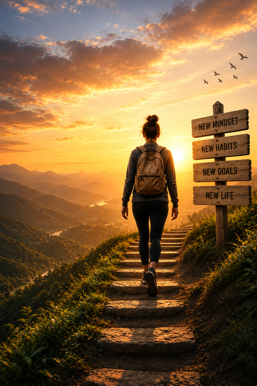 Person walking up sunrise steps past signposts reading New Mindset, New Habits, New Goals, New Life